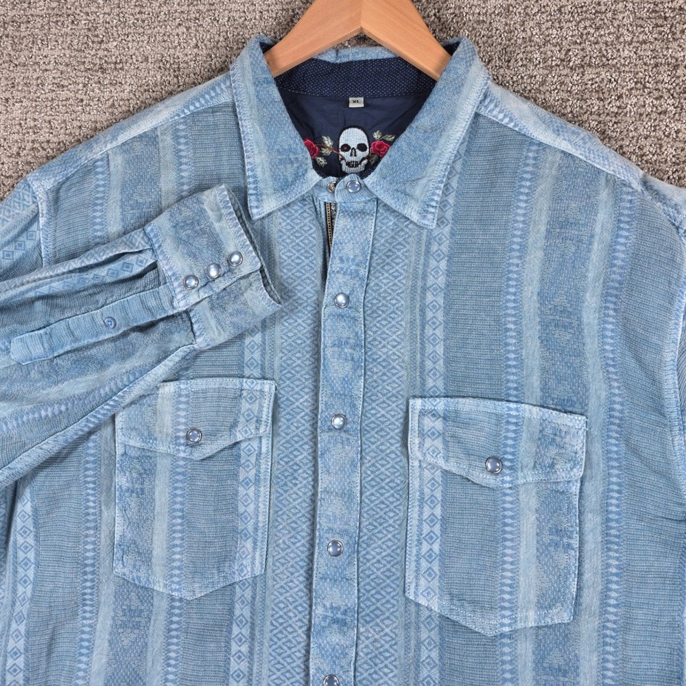 Scully Signature‎ Western Shirt Mens XL Blue Stripe Embroidered Skull Rose Snap